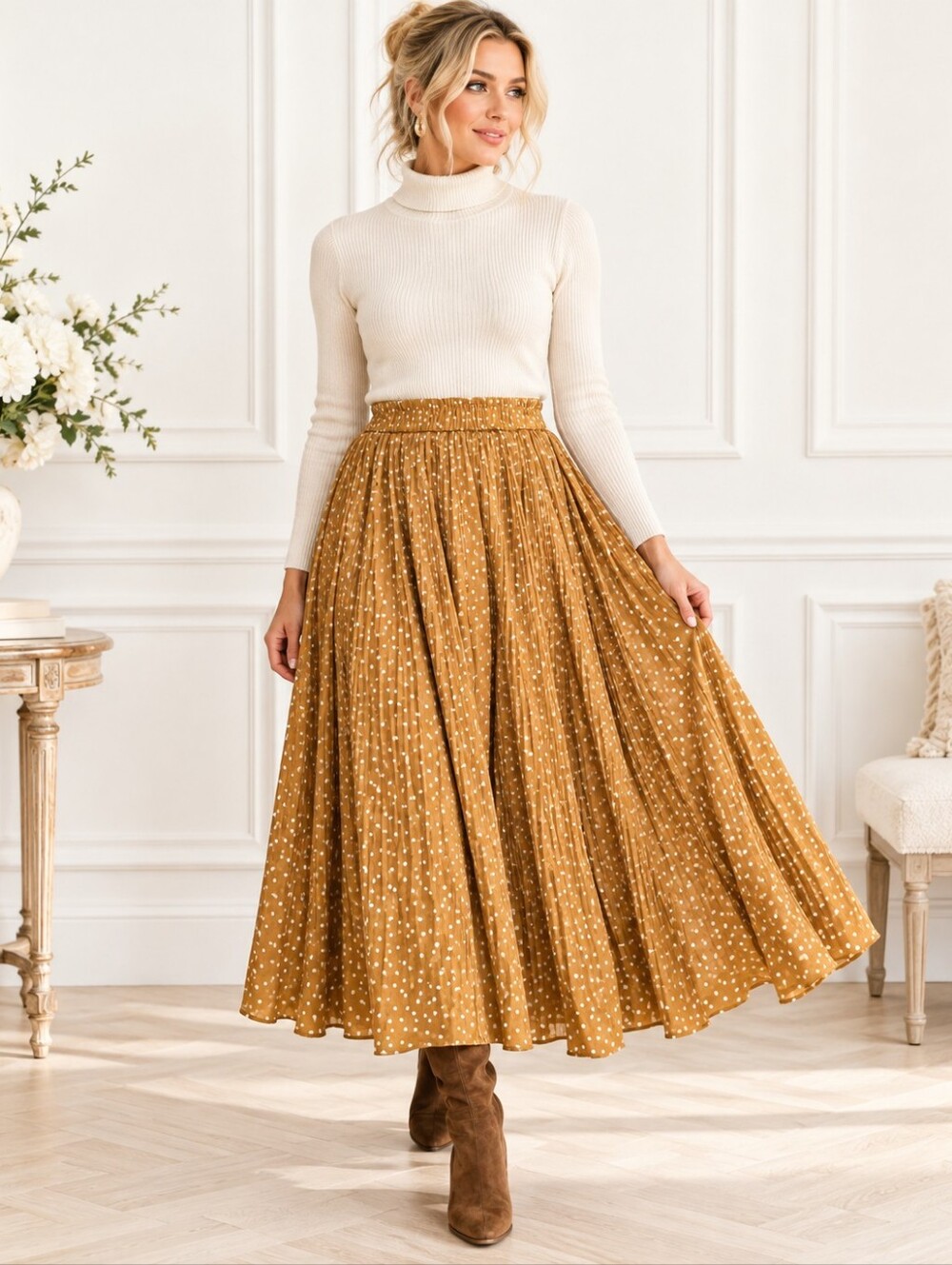 NWT | Parabler Mustard Polka Dot Full Maxi Skirt | Size L | Cottagecore